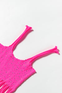 Power Bodystocking mit Fischnetz in neonpink von Organza Lingerie. Detailansicht Träger.
