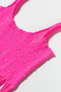 Power Bodystocking mit Fischnetz in neonpink von Organza Lingerie. Detailansicht Oberteil.