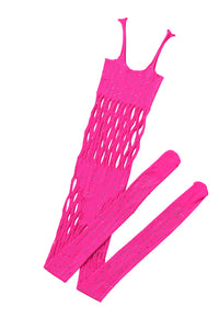 Power Bodystocking mit Fischnetz in neonpink von Organza Lingerie. Nur Bodystocking weisser Hintergrund.