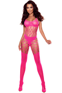 Power Bodystocking mit Fischnetz in neonpink von Organza Lingerie. Frontal ganzkörper Armpose2. Weisser Hintergrund.
