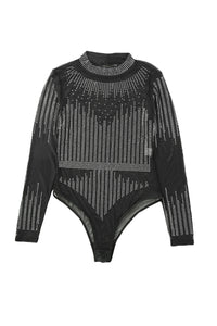 Transparenter Langarm Body mit silbernem Strass