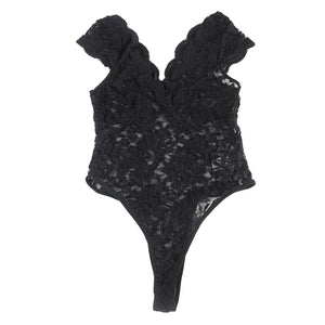 Spitzenbody Talea in schwarz von Organza Lingerie. Body liegend weisser Hintergrund.