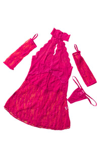 Negligé Set mit Neckholder Alana in pink mit Accessoires LC31296 Detailansicht mit Handschuhe und G-String weißer Hintergrund - Organza Lingerie 
