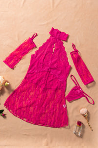 Negligé Set mit Neckholder Alana in pink mit Accessoires LC31296 Detailansicht mit Handschuhen und G-String - Organza Lingerie 