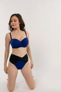 St. Tropez Curve High Waist High Leg Bikinislip blau schwarz mit hohem Beinausschnitt Vollansicht - Organza Lingerie