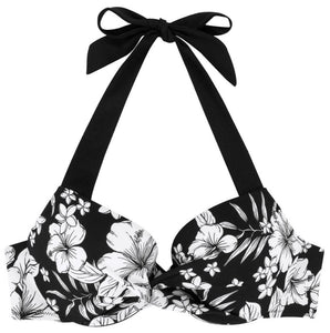 Bikinitop Ocean schwarz mit Hawaiiblumen, Neckholder mit Cups Detailansicht - Organza Lingerie